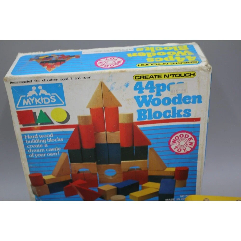 My Kids 44pc Wooden Blocks + Train Pull Vintage Set Primary Toddler Montessori